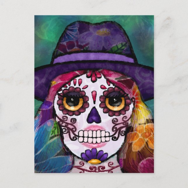 Cartão Postal Whimsical Abstract Floral Hippie Sugar Skull (Frente)