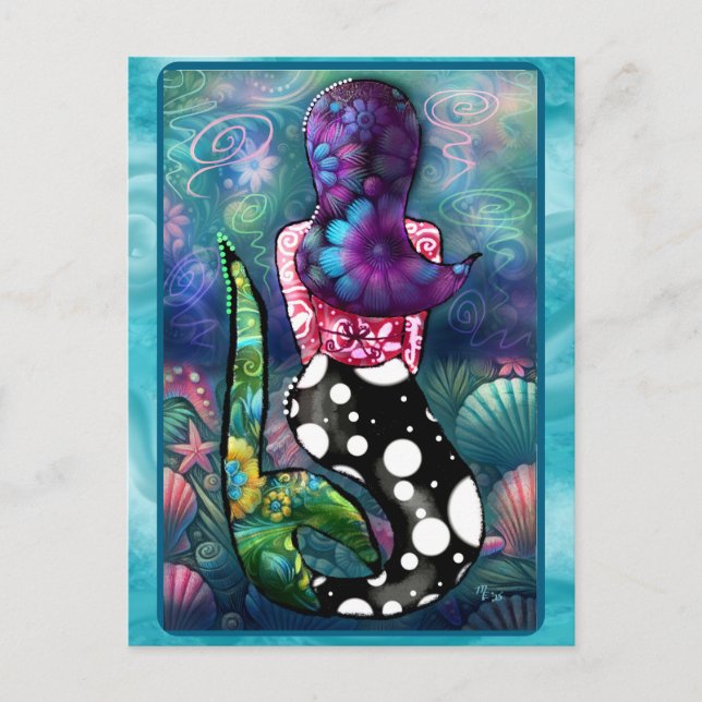 Cartão Postal Whimsical Abstract Mermaid Nautical Teal Seashells (Frente)