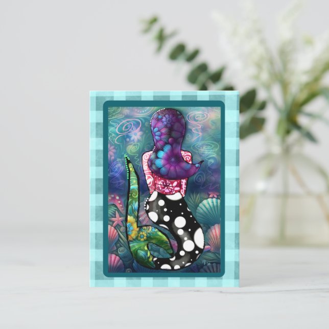 Cartão Postal Whimsical Abstract Mermaid Nautical Teal Seashells (Em pé/Frente)