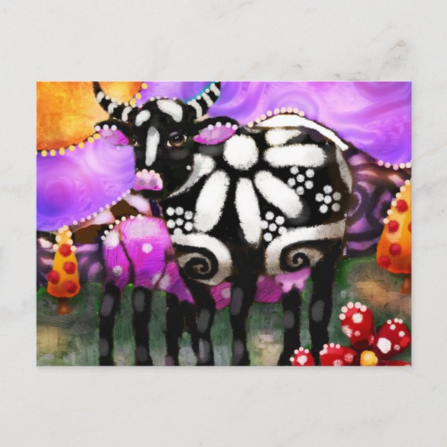 Cartão Postal Whimsical Abstract Momma & Baby Cow Funky Farm (Frente)