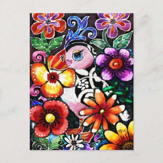 Cartão Postal Whimsical Abstract Puffin Bird in Flowers (Frente)