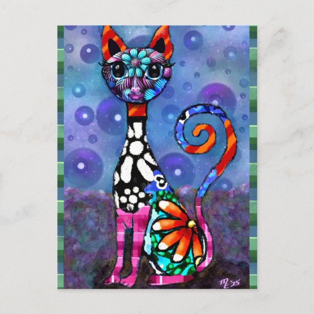 Cartão Postal Whimsical Big-Eyed Funky Abstract Kitty Cat (Frente)