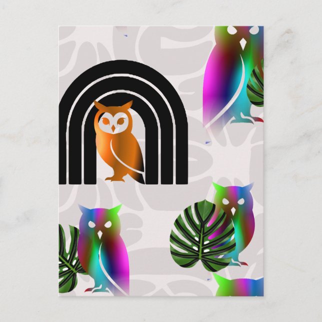 Cartão Postal Whimsical Boho Owl & Tropical Monstera Leaf (Frente)