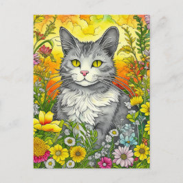 Cartão Postal Whimsical Cat and Flowers