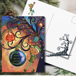 Cartão Postal Whimsical Elf with Bird under a Tree Christmas