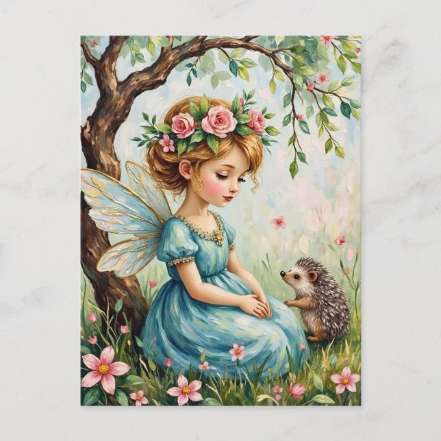 Cartão Postal Whimsical Fairy with Hedgehog in Enchanted Garden (Frente)