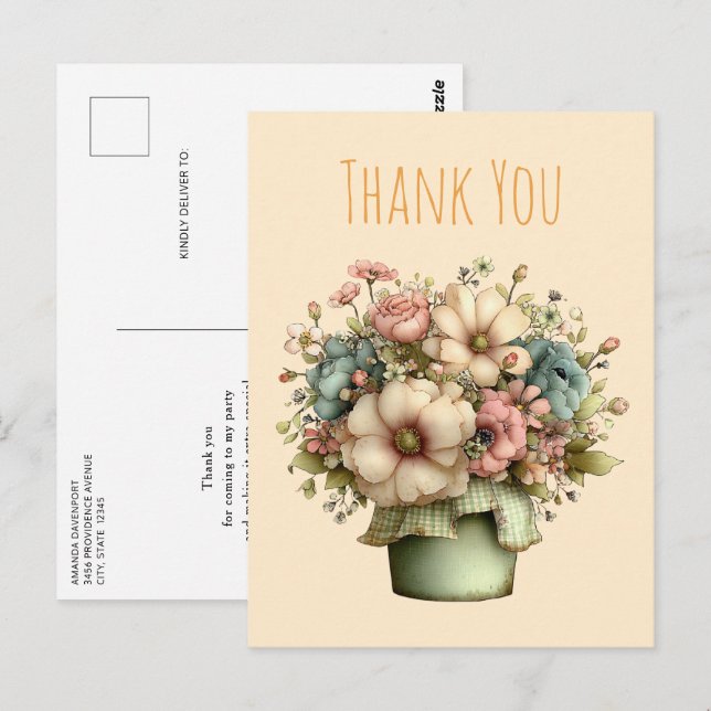 Cartão Postal Whimsical Flowers in a Planter Pot Cute Thank You (Frente/Verso)