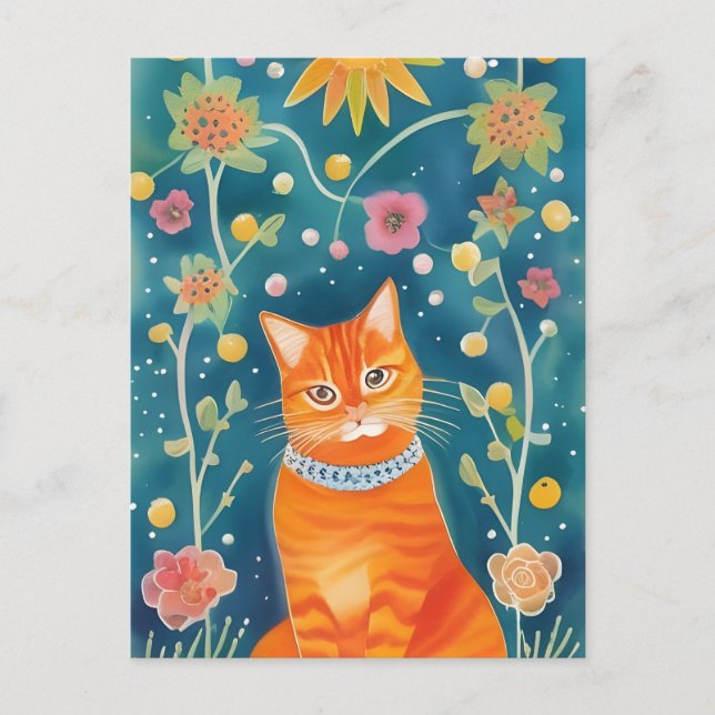 Cartão Postal Whimsical Folk Art Tabby Cat (Frente)