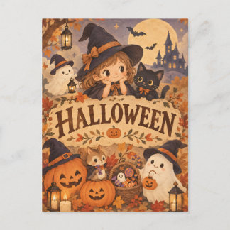 Cartão Postal Whimsical Halloween Witch & Friends Post Card
