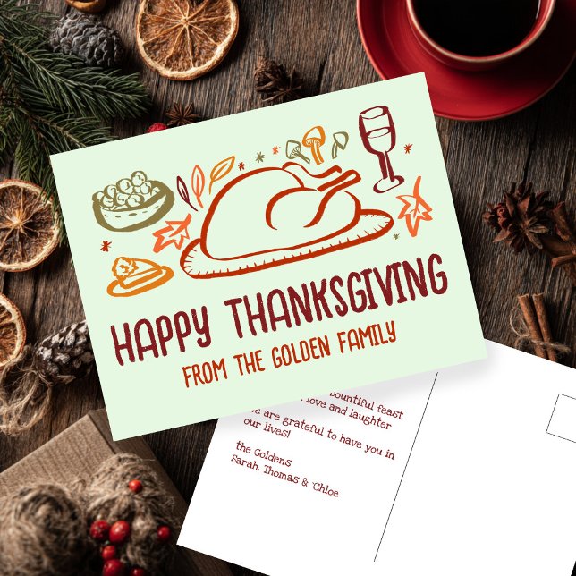 Cartão Postal Whimsical Happy Graças, ação de amizade (Whimsical Happy Thanksgiving Friendsgiving Doodle Sketch Hand-drawn Custom Postcard
)