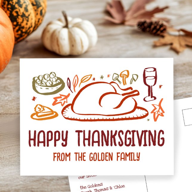 Cartão Postal Whimsical Happy Graças, ação de amizade (Whimsical Happy Thanksgiving Friendsgiving Custom Postcard
)