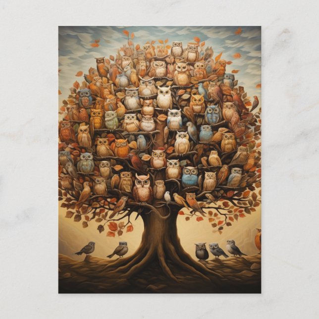 Cartão Postal Whimsical Haven: O Arboreto Adorado pela Coruja (Frente)