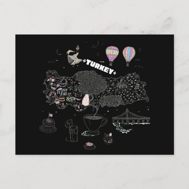 Cartão Postal Whimsical Illustrated Map of Turkey Travel (Frente)