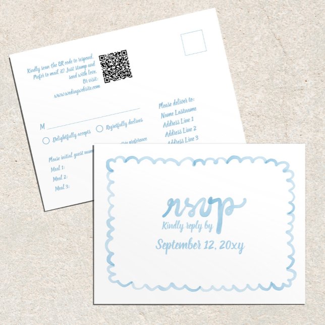 Cartão Postal Whimsical Light Blue QR Code Média Choices RSVP (Criador carregado)
