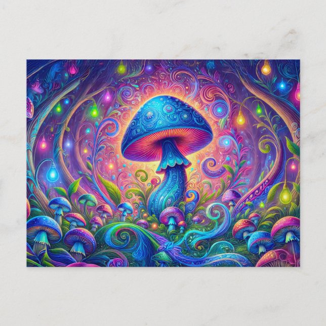 Cartão Postal Whimsical Mushroom World Psychedelic Nature Fantas (Frente)