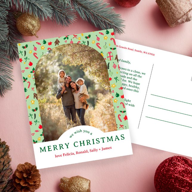 Cartão Postal Whimsical NATMAS Doodles PERSONALIZA Arch FOTO (Whimsical CHRISTMAS Doodles CUSTOM Arch PHOTO Holiday Postcard
)