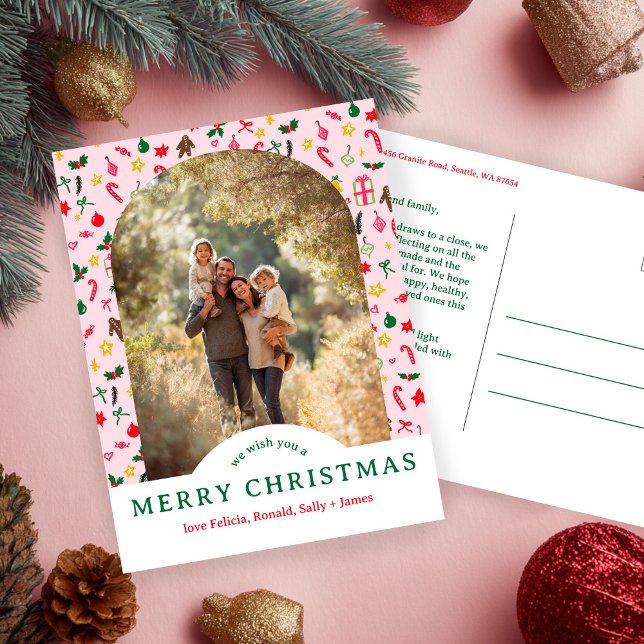 Cartão Postal Whimsical NATMAS Doodles PERSONALIZA Arch FOTO (Whimsical CHRISTMAS Doodles CUSTOM Arch PHOTO Holiday Pink Postcard
)