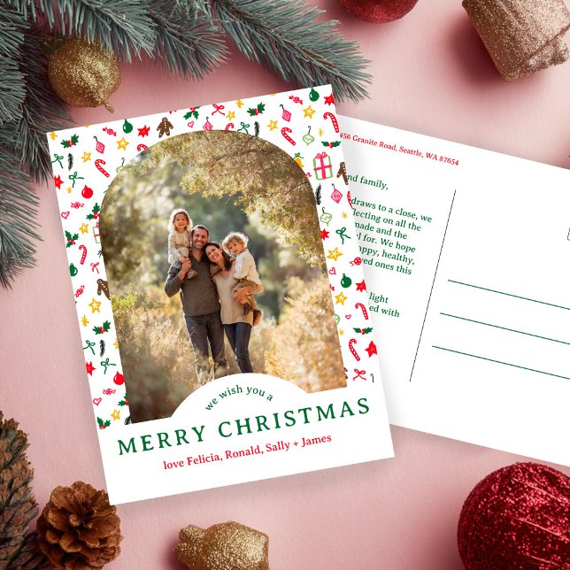 Cartão Postal Whimsical NATMAS Doodles PERSONALIZA Arch FOTO (Whimsical CHRISTMAS Doodles CUSTOM Arch PHOTO Holiday Postcard
)