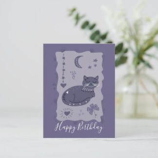 Cartão Postal Whimsical Night Cat Folk Art Birthday Postcard