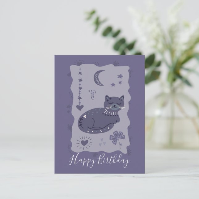 Cartão Postal Whimsical Night Cat Folk Art Birthday Postcard (Em pé/Frente)