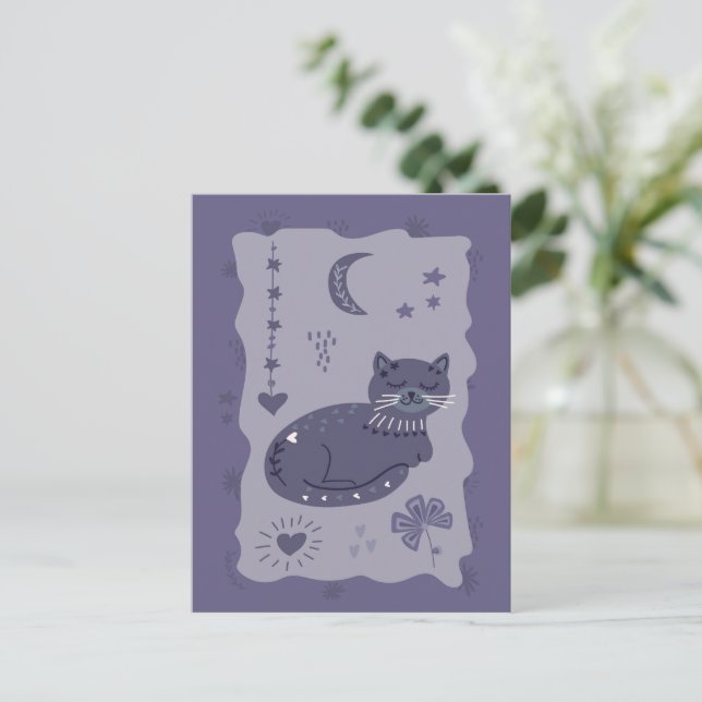 Cartão Postal Whimsical Night Cat Folk Art Postcard (Em pé/Frente)