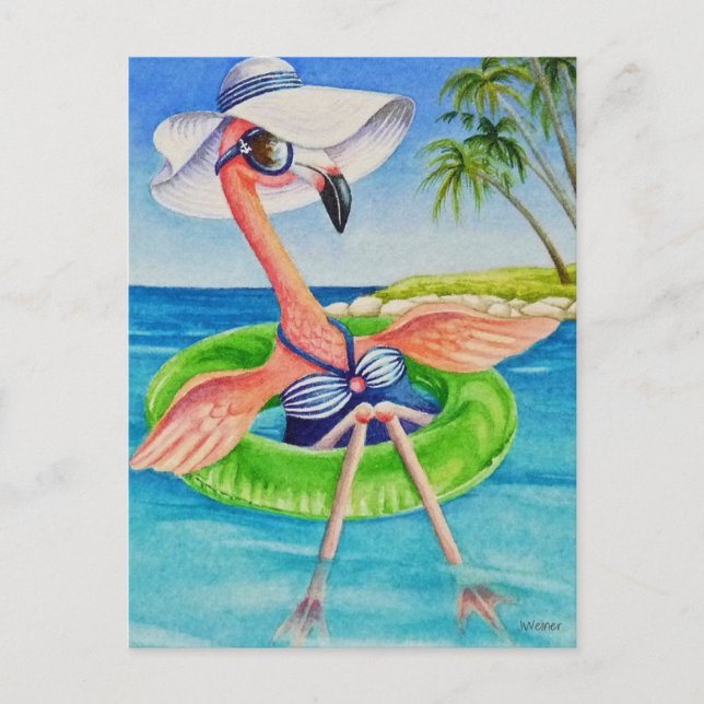Cartão Postal Whimsical Pink Flamingo No. 3 Aquarela Art (Frente)