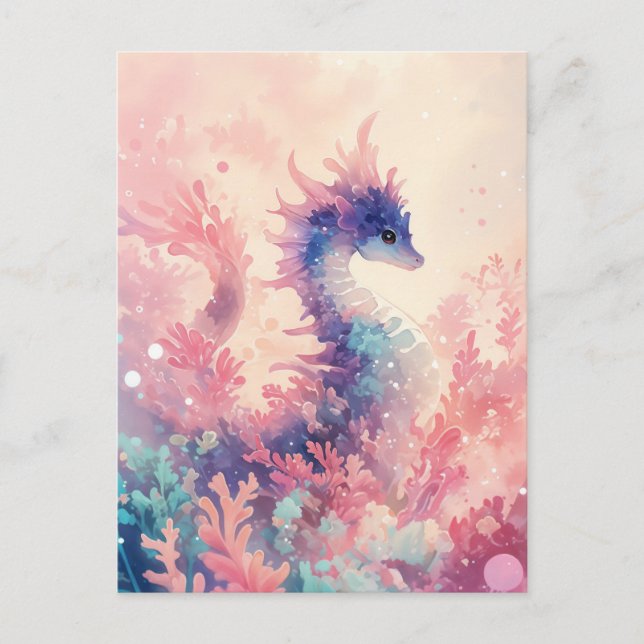 Cartão Postal Whimsical Purple Seahorse in Pink Coral (Frente)