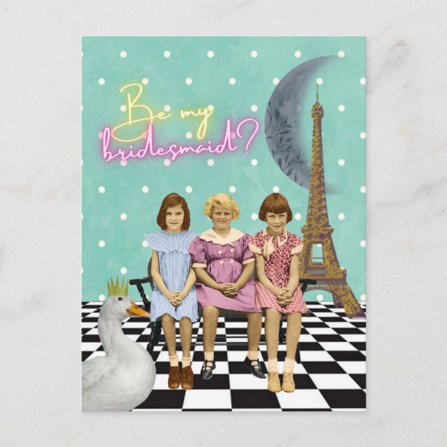 Cartão Postal Whimsical Vintage Kids Bridesmaid Request (Frente)