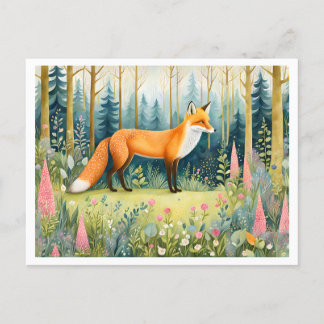 Cartão Postal Whimsical Watercolor Fox in Forest