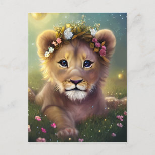 Cartão Postal Whimssso Fantasy Cute Kawaii, filhote de leão