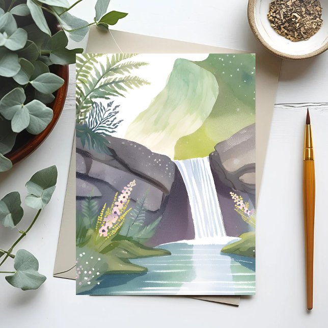 Cartão Postal Whisper em Cascata | Paisagem de Aquarela Natureza (Criador carregado)