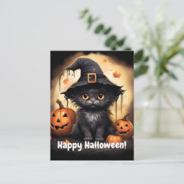 Cartão Postal Whitchy Black Gatinho Pumpkin Halloween