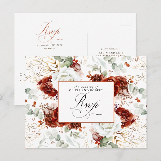 Cartão Postal White and Burgundy Red Wedding RSVP Postcard (Frente/Verso)