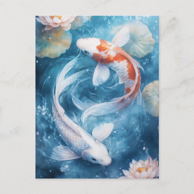 Cartão Postal White and Orange Koi Fish Swirling in Lotus Pond (Frente)