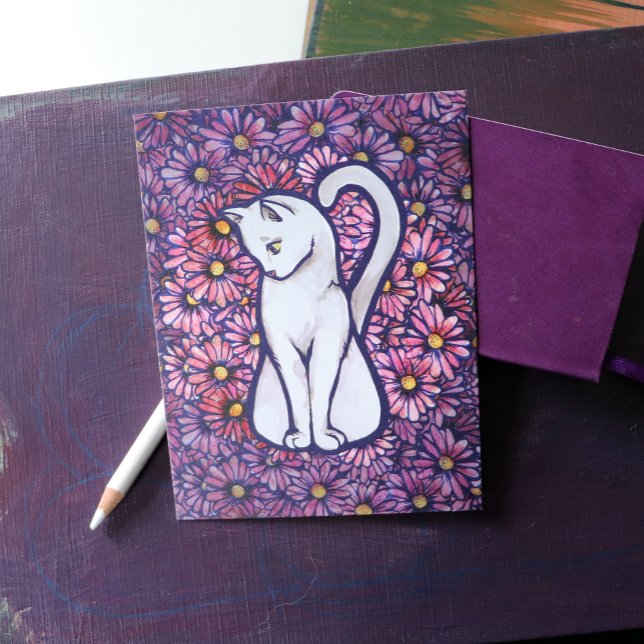 Cartão Postal White Cat Mauve Daisies (Criador carregado)