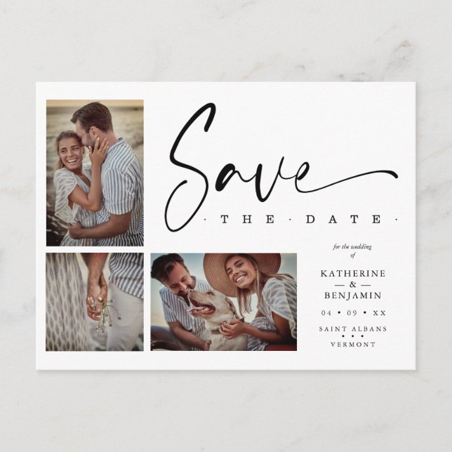 Cartão Postal White Chic Trendy Collage Casamento 3 Fotos (Frente)