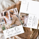 Cartão Postal White com Letra de Mão Editável Salvar a Data Foto<br><div class="desc">Foto moderna e elegante Guarde o Cartão de Casamento de Data. O cartão de convite para salvar a data inclui tipografia branca com Mão-esticada e chic e design simples em um fundo branco para o qual você pode adicionar sua fotografia personalizada de noivado.</div>