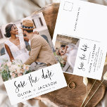 Cartão Postal White com Letra de Mão Editável Salvar a Data Foto<br><div class="desc">Foto moderna e elegante Guarde o Cartão de Casamento de Data. O cartão de convite para salvar a data inclui tipografia branca com Mão-esticada e chic e design simples em um fundo branco para o qual você pode adicionar sua fotografia personalizada de noivado.</div>