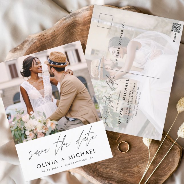 Cartão Postal White com Letra de Mão Editável Salvar a Data Foto (Criador carregado)