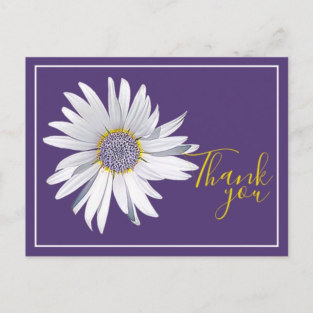 Cartão Postal White Daisy Purple Background Obrigado (Frente)