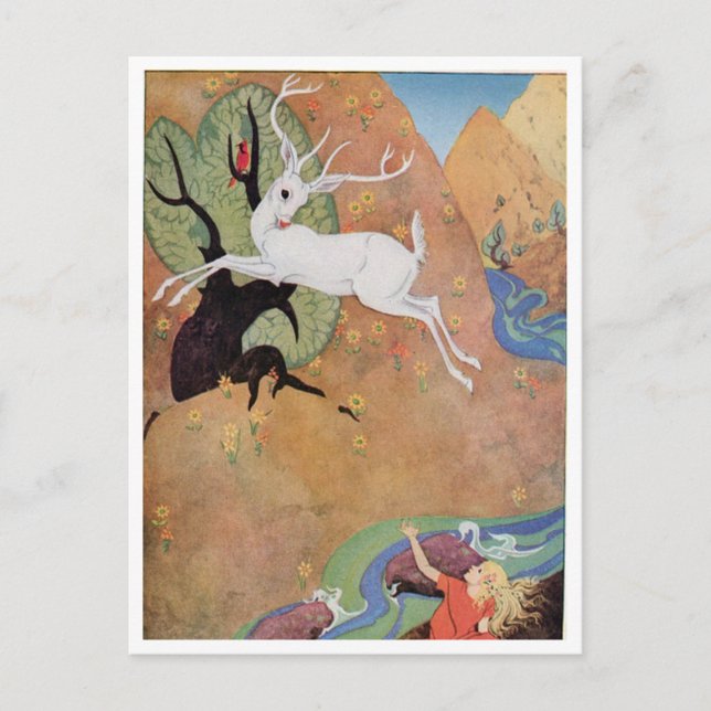 Cartão Postal White Deer and Girl por Dorothy Lathrop (Frente)