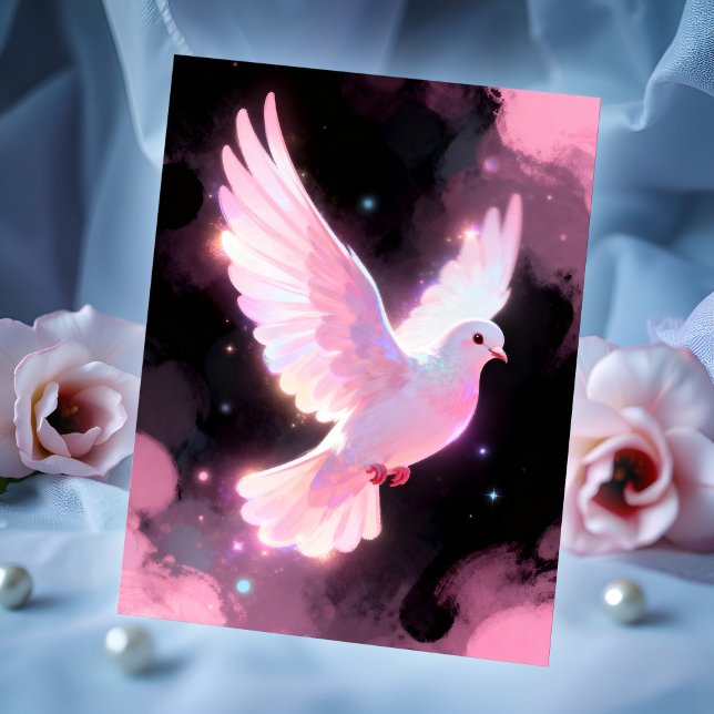 Cartão Postal White Dove Ethereal Love Pink Clouds Celestial (White dove in flight over starry night and pink clouds - calm, romantic, quietly magical art card.)