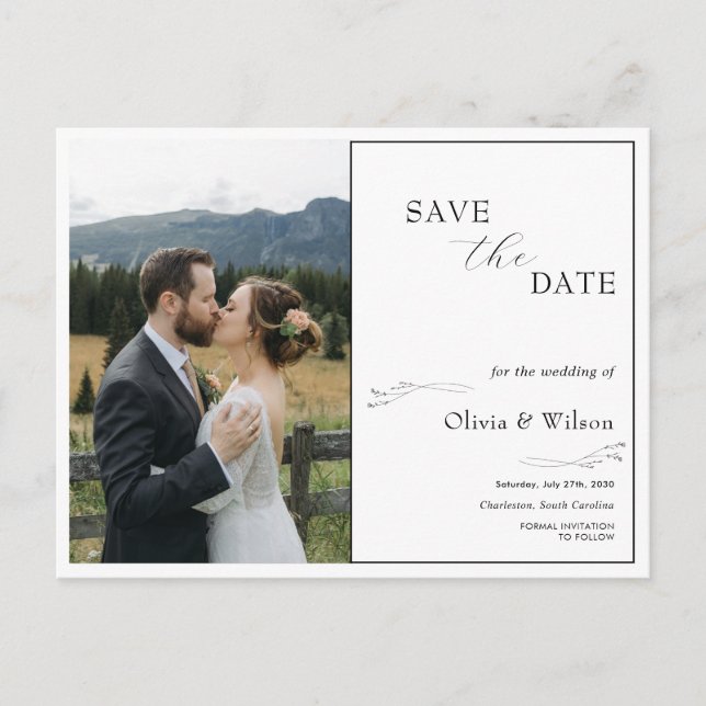 Cartão Postal White Elegant Minimalist With Photo Save the Date (Frente)