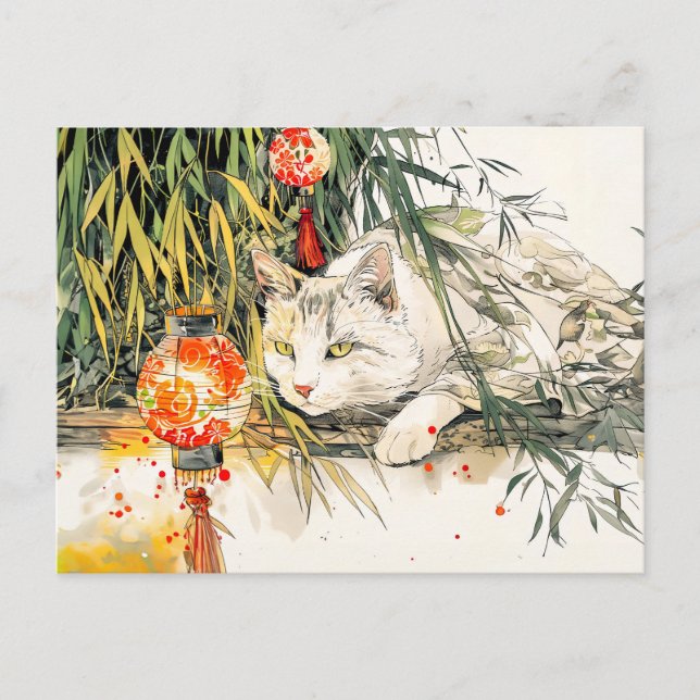 Cartão Postal White Geisha Cat com Tinta Chinesa na Floresta de  (Frente)