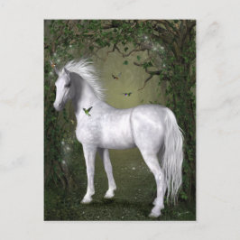 Cartão Postal White Horse in the Woods with Hummingbirds
