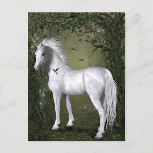 Cartão Postal White Horse in the Woods with Hummingbirds (Frente)