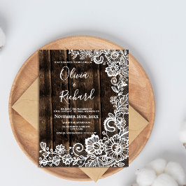 Cartão Postal White Lace Floral Rustic Wood Wedding Invitation