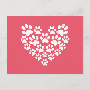Cartão Postal White Paw Print Heart - Escolher Cor de Fundo