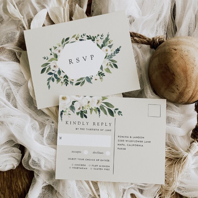 Cartão Postal White Peony Floral Weding Meal Choice RSVP (Criador carregado)