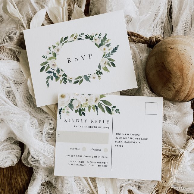 Cartão Postal White Peony Floral Weding Meal Choice RSVP (Criador carregado)